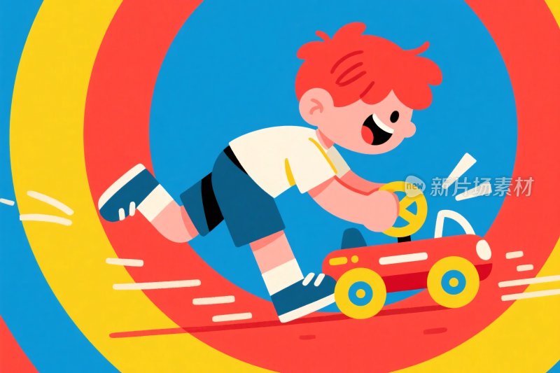 男孩玩玩具车的卡通插画