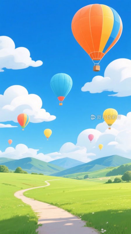 多彩热气球风景插画