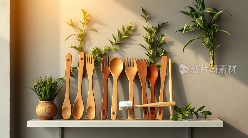 木勺与绿植共舞自然之韵尽在眼前