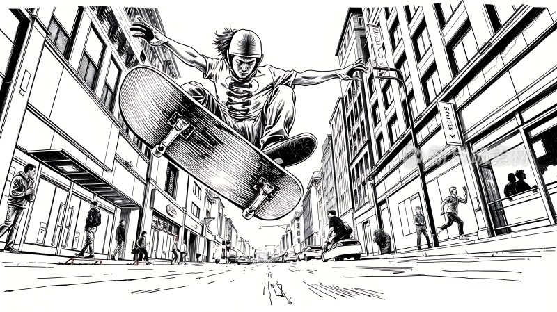 滑板少年飞跃街头