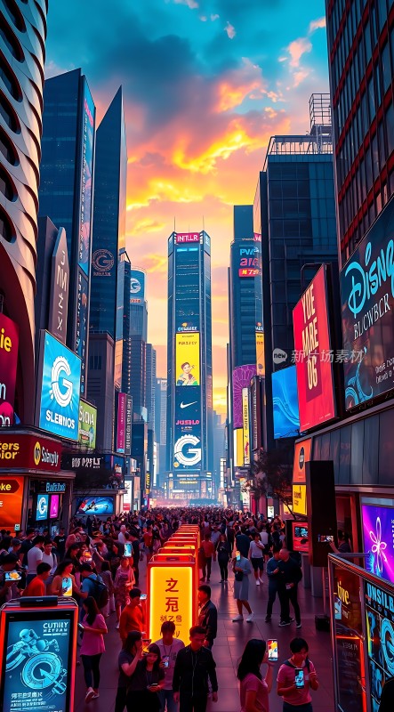 繁华都市夜景霓虹闪烁人群熙攘高楼林立