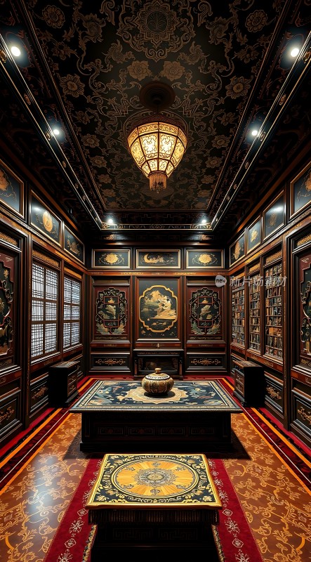 古风书房书架、地毯、吊灯和壁画
