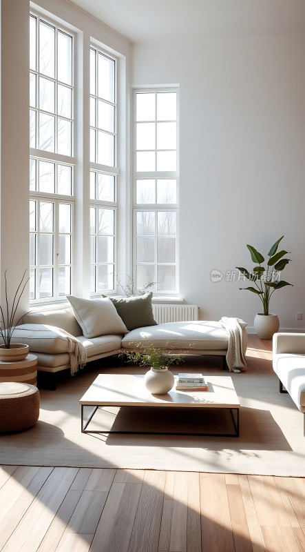 阳光洒满现代简约客厅绿植点缀温馨角落