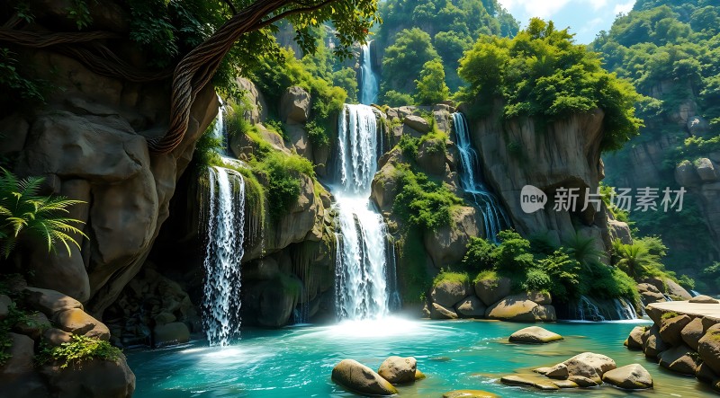 瀑布飞流直下碧波荡漾绿意盎然