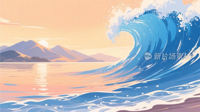 海边涌起的巨大蓝色海浪