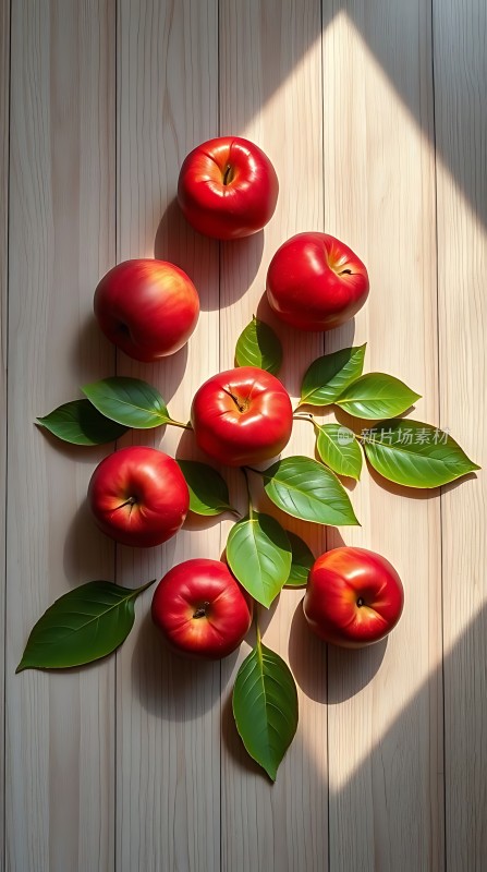 阳光下的红苹果与绿叶