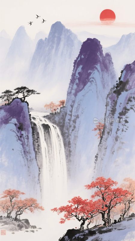 中式山水瀑布红日美景图