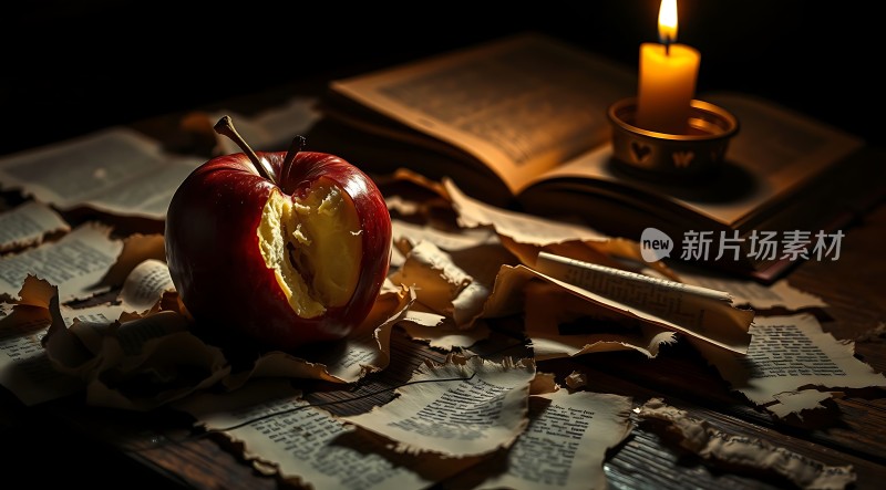 烛光下的苹果与书页