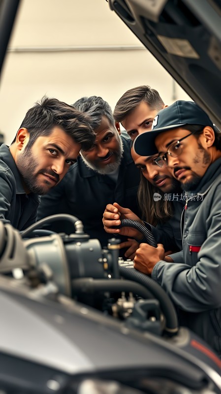 维修团队专注检查汽车引擎