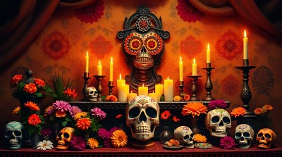 亡灵节祭坛骷髅与蜡烛共舞