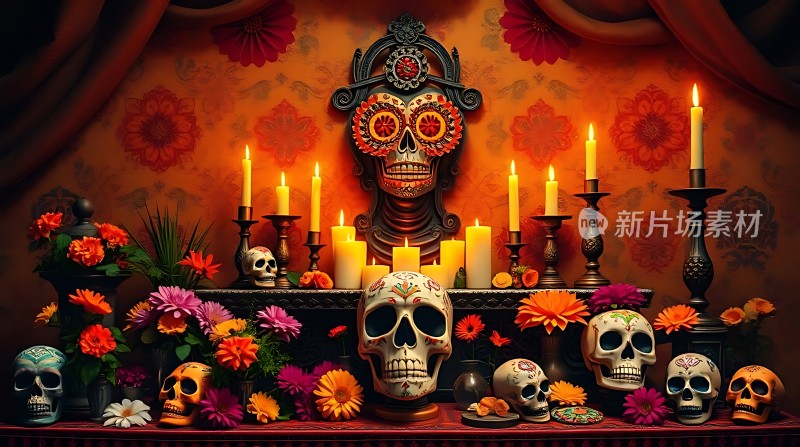 亡灵节祭坛骷髅与蜡烛共舞