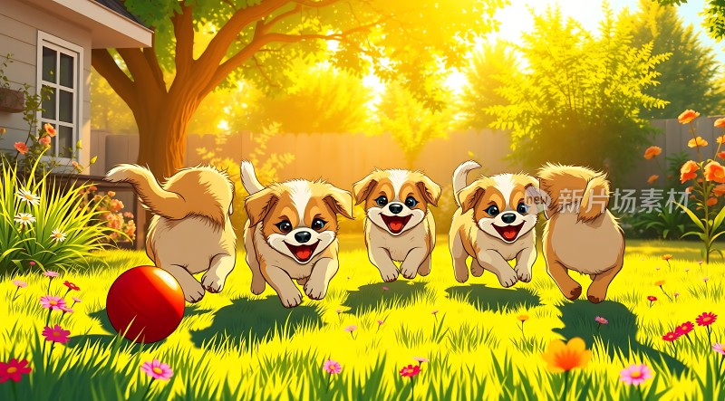 阳光下的快乐小狗追逐球