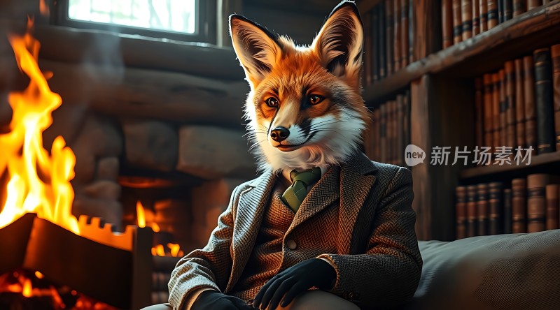 狐狸绅士坐在壁炉旁