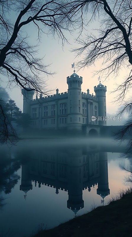 湖畔古堡映雾霭