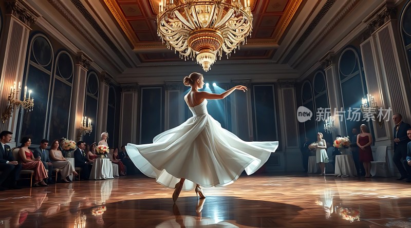 白色舞裙旋转华丽大厅里的优雅舞蹈