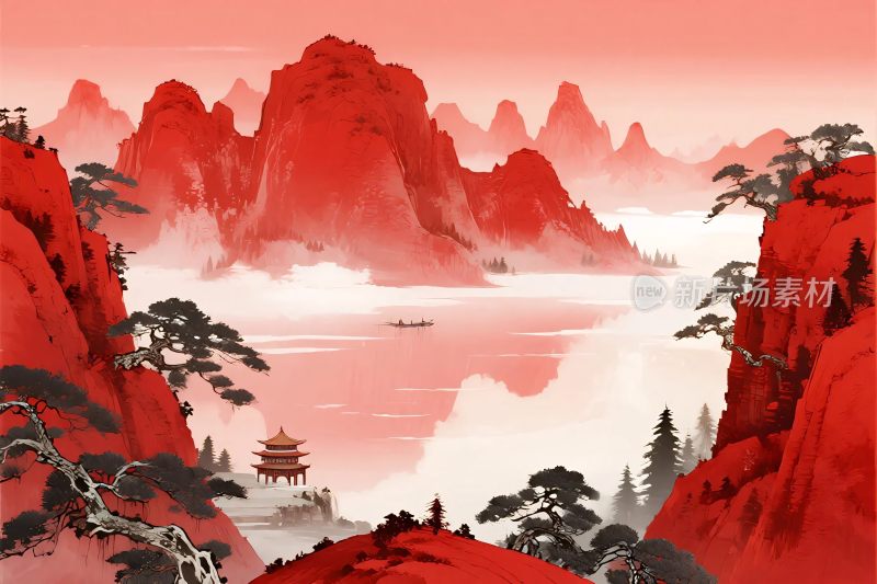 红色山水风景插画