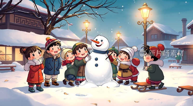 雪人节孩子们与雪人的欢乐时光