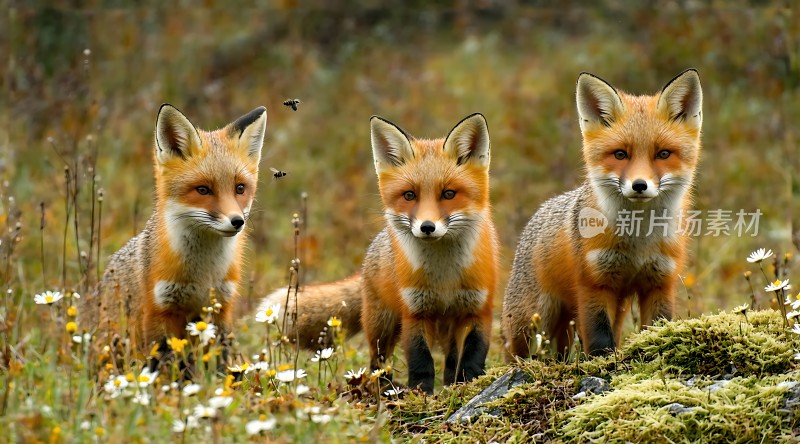 三只狐狸在花丛中嬉戏