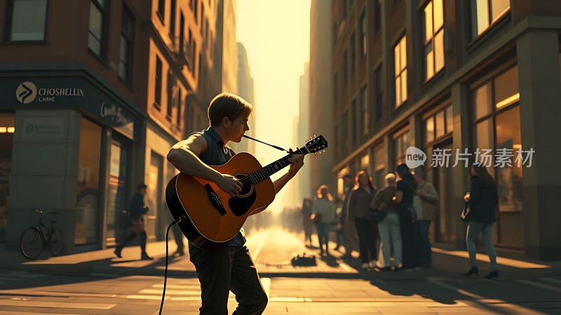 街头吉他手阳光下的音乐梦想