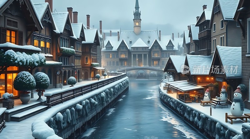 雪夜小镇温馨宁静