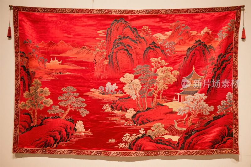 红色山水挂毯装饰画