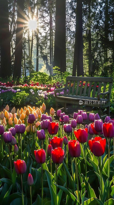 阳光下的郁金香花园