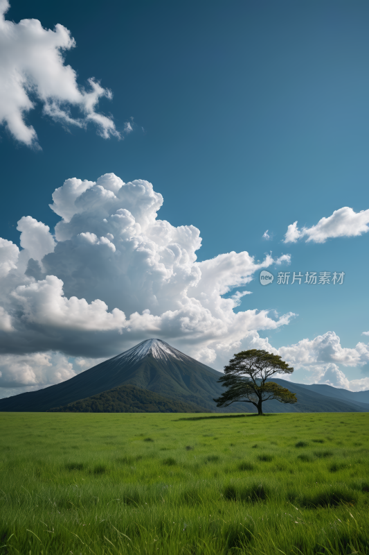 田野里一棵孤树一座高山清风景图片