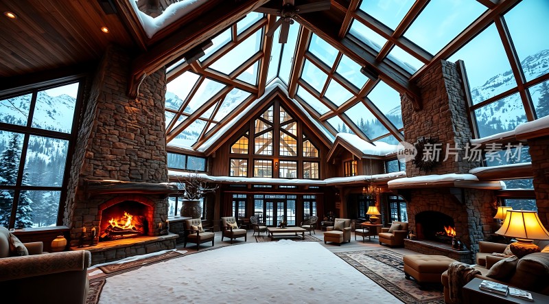 雪域木屋火炉旁的温馨时光