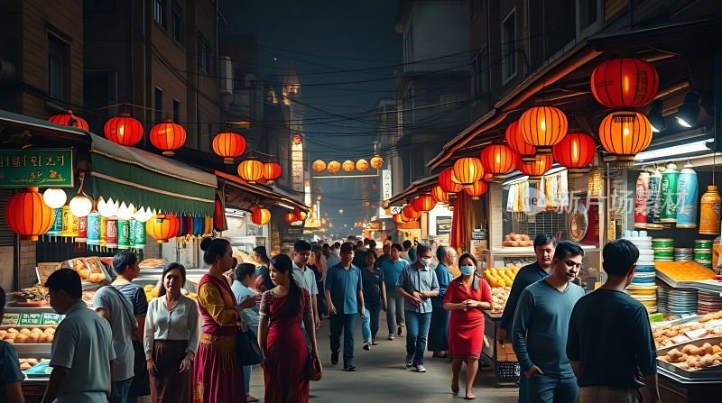 夜市繁华灯笼高挂热闹非凡