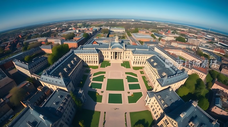空中俯瞰宏伟建筑群绿意盎然的城市景观