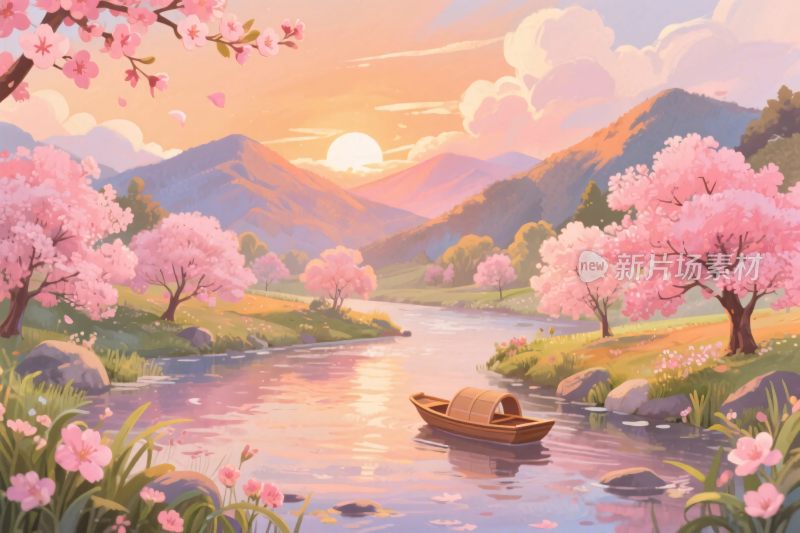 春日樱花河景小船