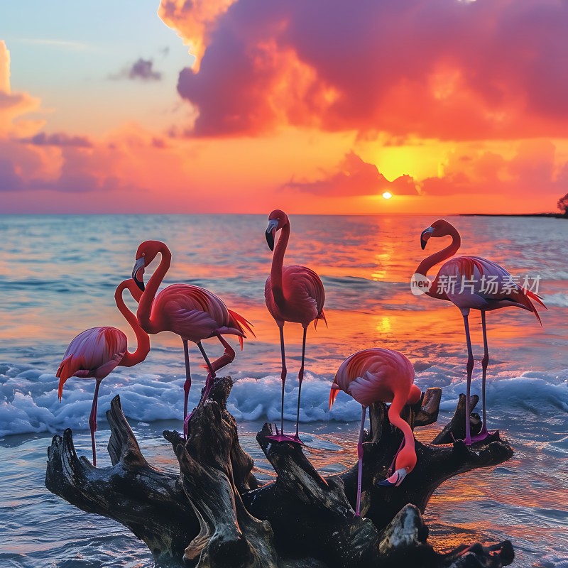 火红夕阳下的粉红火烈鸟