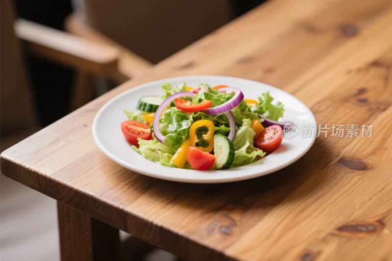 木桌上的彩色沙拉盘