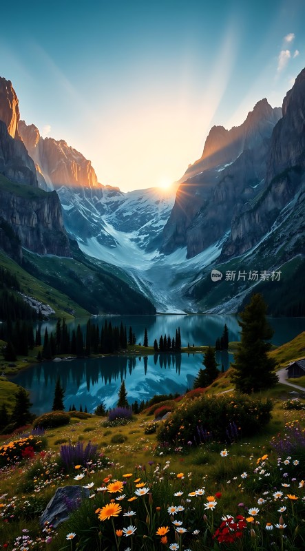 日出雪山映湖光花海绿茵迎晨曦