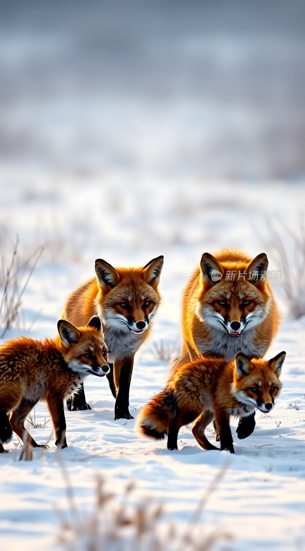 雪地红狐一家
