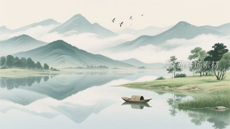 中式山水湖面扁舟风景图
