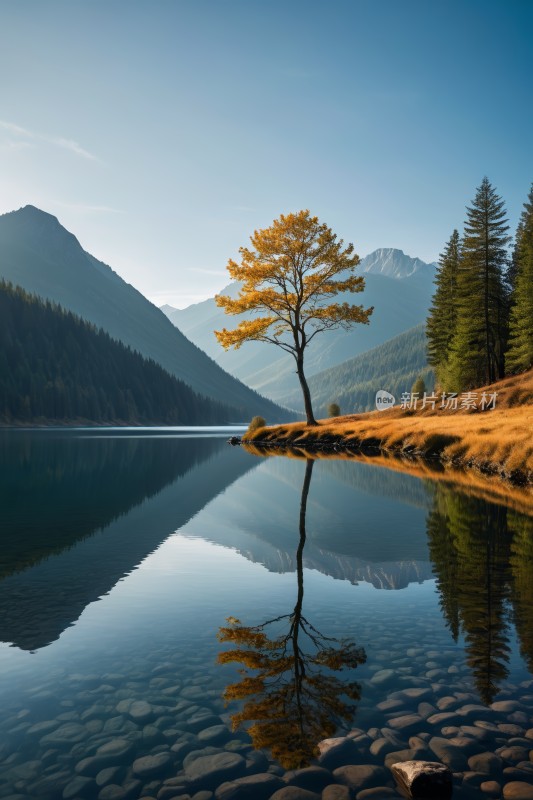 湖中央的树一座高山清图片