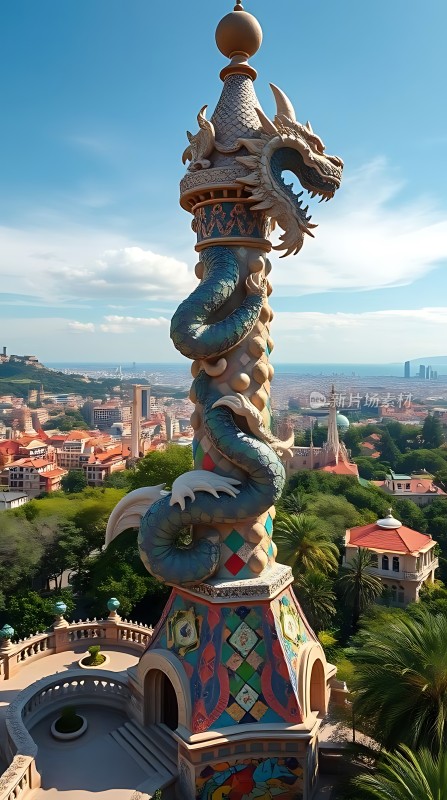 龙形雕塑俯瞰城市全景 <|user|>