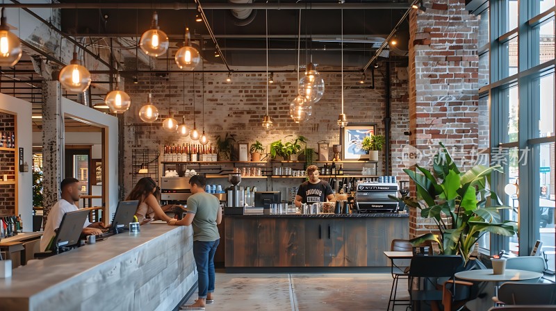 温馨咖啡馆砖墙绿植现代简约风格