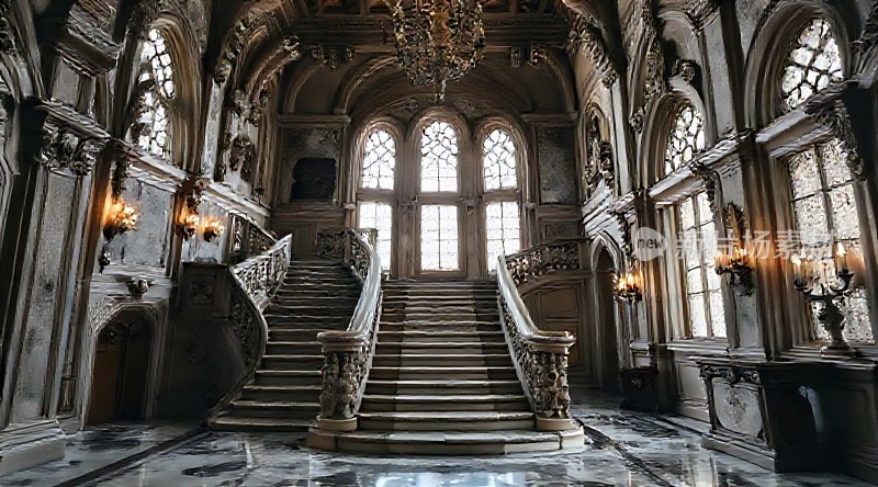 宏伟宫殿内部精美楼梯与华丽装饰