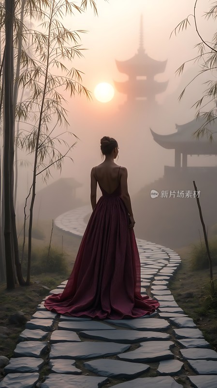 晨曦中的红裙佳人