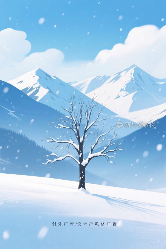 雪景孤树雪山插画
