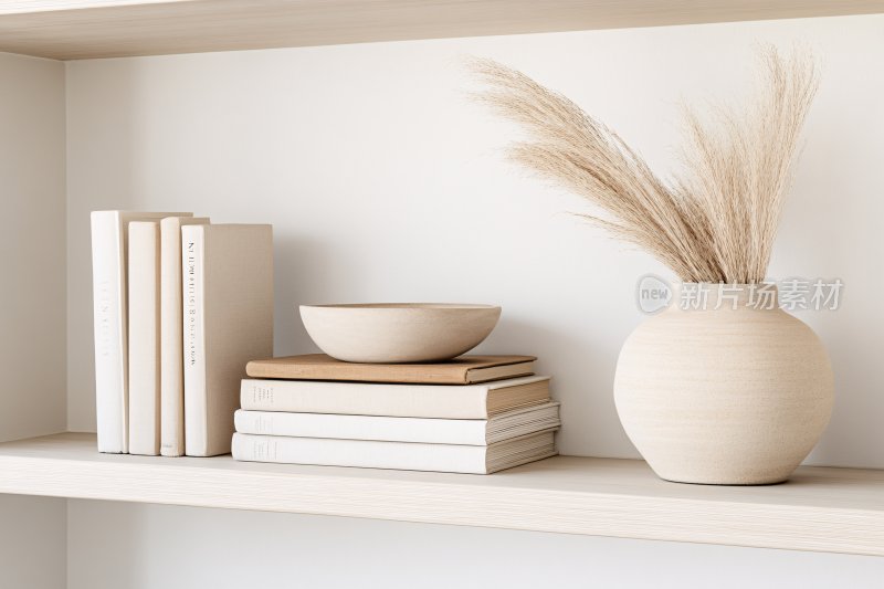 简约书架上的书籍与装饰摆件