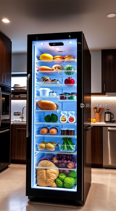 现代厨房冰箱食物丰富多样展示生活品质