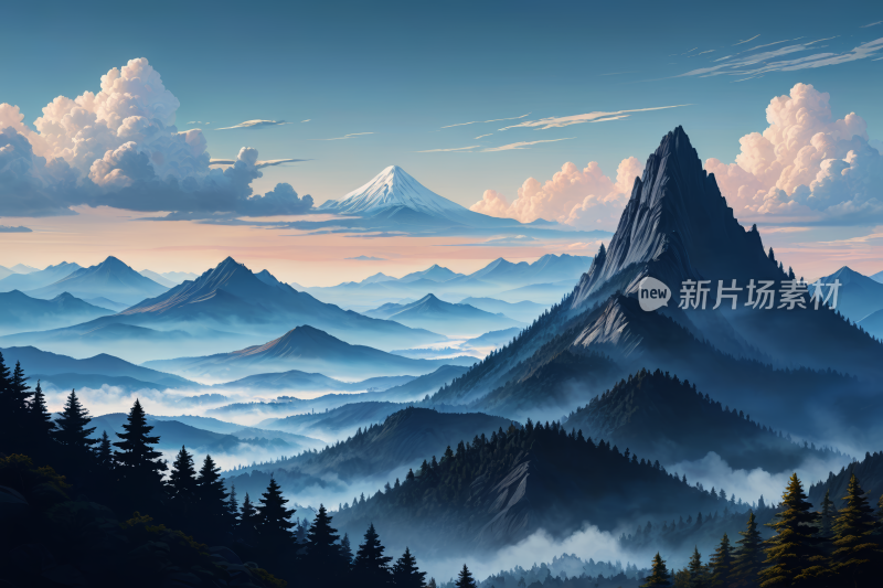 一座山脉还有几朵云高清风景插画图片