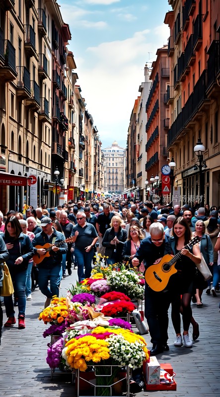 街头吉他手与缤纷花市