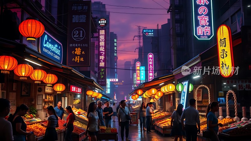 霓虹灯下的繁华夜市热闹非凡