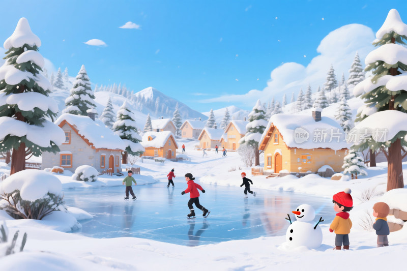 冬季童话般的雪景和孩子们堆雪人