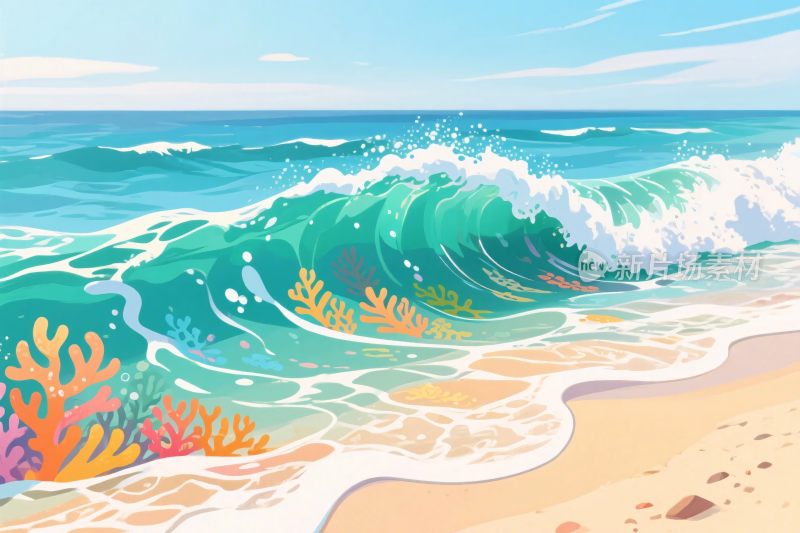 海滩海浪珊瑚插画