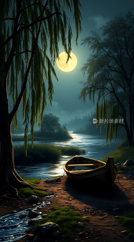 月下小船静卧湖畔